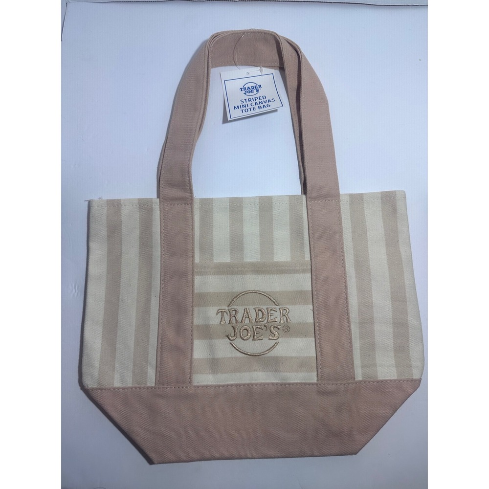 Trader Joes Striped Mini Canvas Tote Bag Cream Grocery Bag NWT